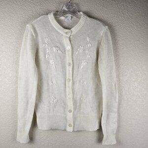 VTG White Knit‎ Cardigan Floral Embroidered Button Up Sweater EUC Cottage Granny